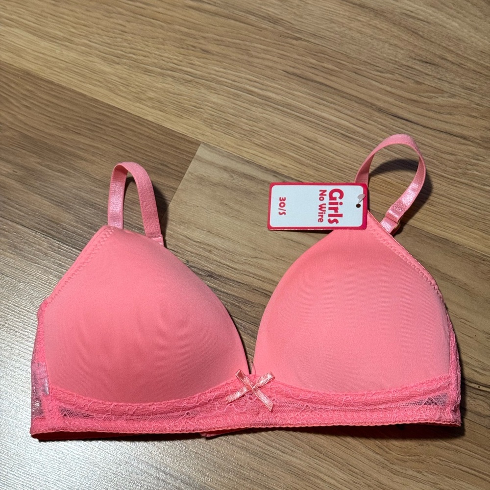 Girls' Coral Pink Bra with Lace Trim